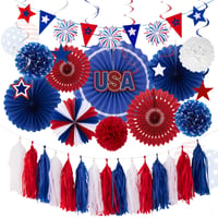 SUNBEAUTY Set decorativ de 16 piese pentru Ziua Independenței - evantai de hârtie, ghirlandă, banner, steagul SUA, decorațiuni pentru petrecere americană, 4 iulie. 1