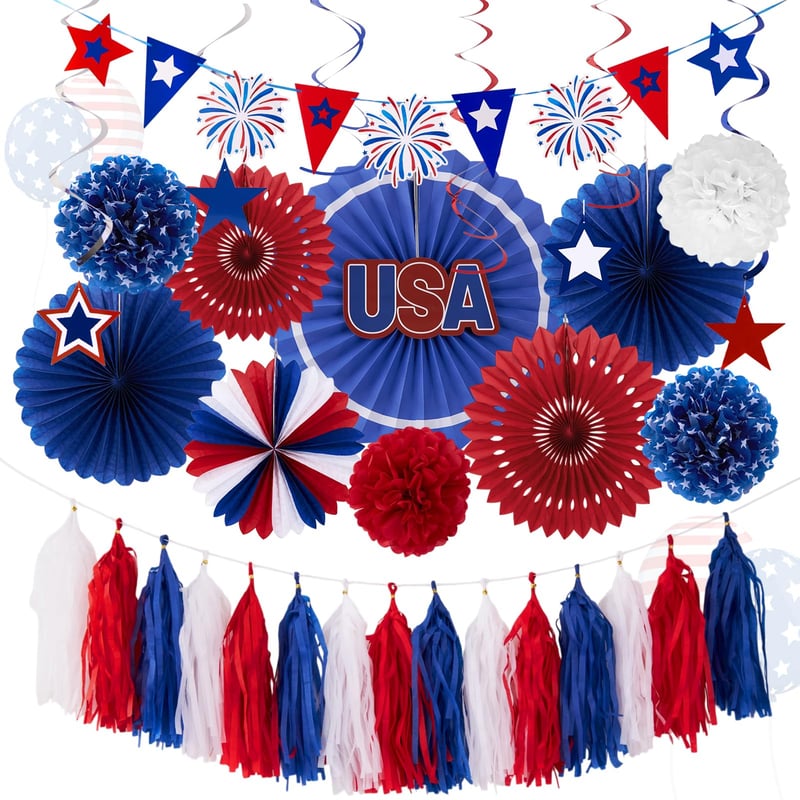 SUNBEAUTY Set decorativ de 16 piese pentru Ziua Independenței - evantai de hârtie, ghirlandă, banner, steagul SUA, decorațiuni pentru petrecere americană, 4 iulie.