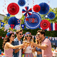 SUNBEAUTY Set decorativ de 16 piese pentru Ziua Independenței - evantai de hârtie, ghirlandă, banner, steagul SUA, decorațiuni pentru petrecere americană, 4 iulie. 6