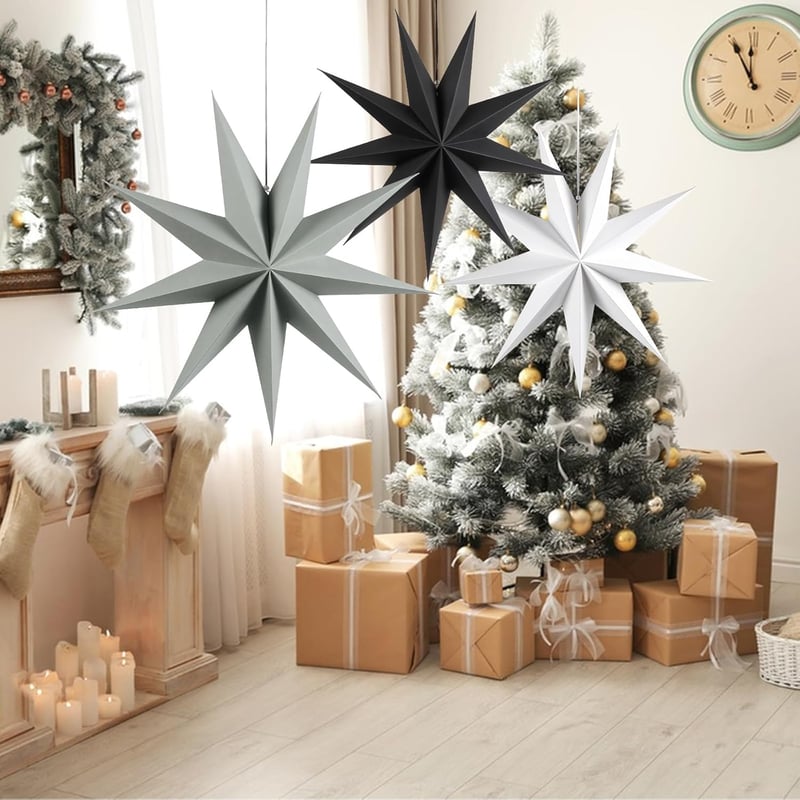 SUNBEAUTY 60 cm Papír Csillag Dekoráció, 3 Darabos Összehajtható Csillag Szett Karácsonyi Díszítéshez (Fekete, Fehér és Szürke)