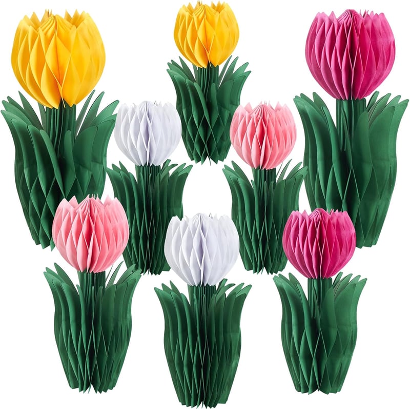 SUNBEAUTY Set 8 evantaie decorative sub formă de lalea, decorațiuni din hârtie alb-roz-galben, pentru nuntă, zi de naștere, petrecere de primăvară