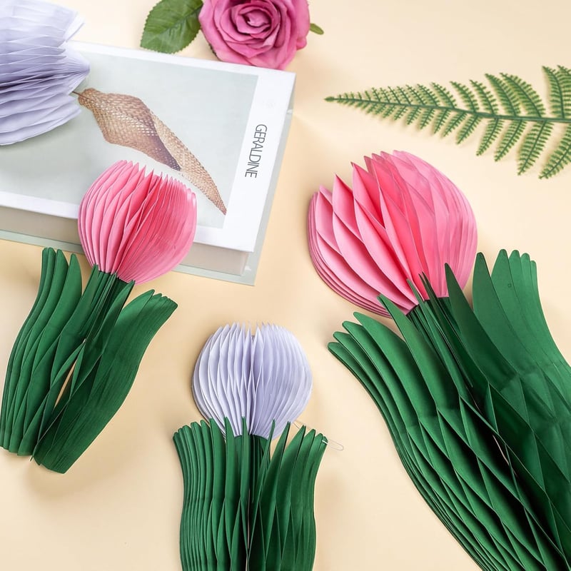 SUNBEAUTY Set 8 evantaie decorative sub formă de lalea, decorațiuni din hârtie alb-roz-galben, pentru nuntă, zi de naștere, petrecere de primăvară