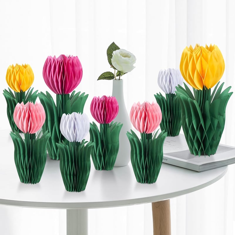 SUNBEAUTY Set 8 evantaie decorative sub formă de lalea, decorațiuni din hârtie alb-roz-galben, pentru nuntă, zi de naștere, petrecere de primăvară
