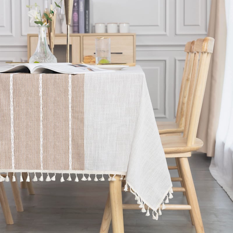 SUNBEAUTY Obdĺžnikový obrus z ľanovo-bavlnenej zmesi so strapcami 140x240 cm, elegantný vodeodolný obrus na kuchynský a jedálenský stôl
