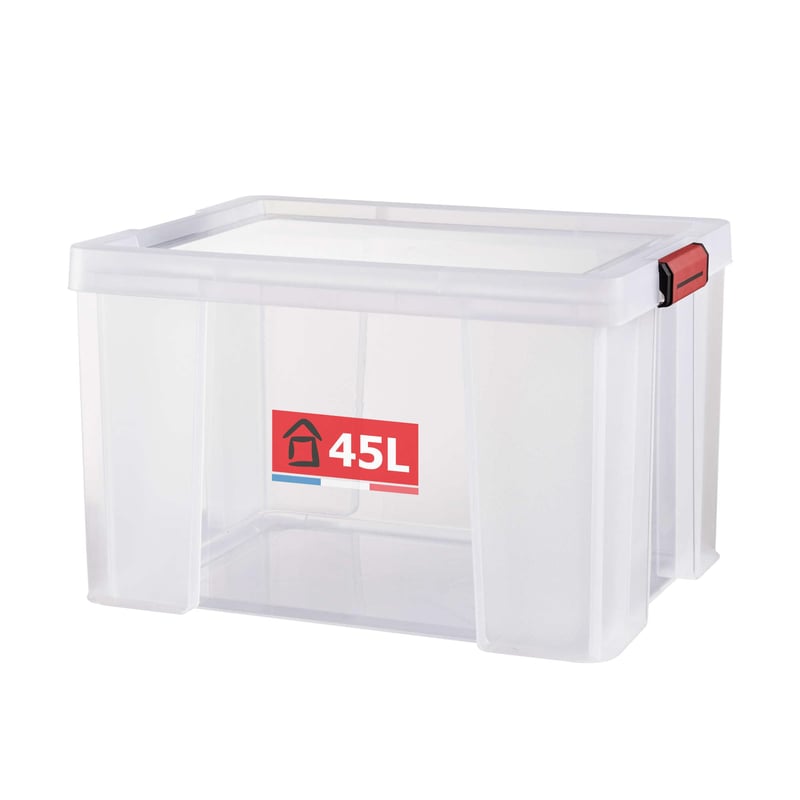 Cutie de depozitare transparentă din plastic cu capac Sundis Clip'N Store – 45 L, 50x39x32,5 cm, stivuibilă, sigură pentru alimente