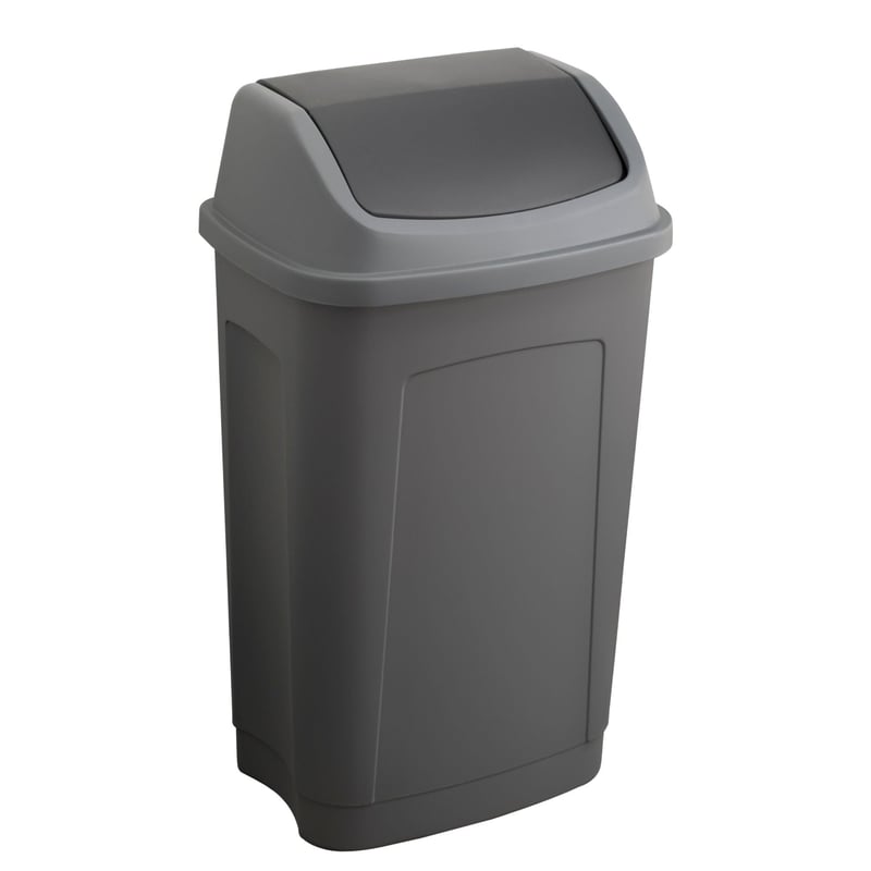 Coș de gunoi cu capac basculant Sundis Swing, 50 litri, din plastic reciclat, gri-negru, pentru colectarea deșeurilor din bucătărie și birou