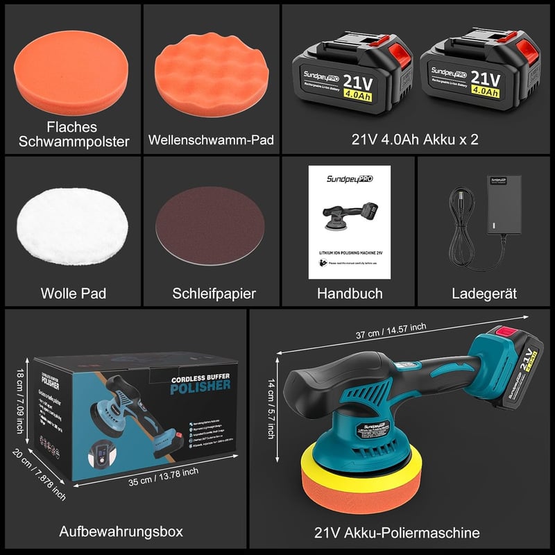 SundpeyPRO 21V akkus polír gép 8 fokozatú 6000 ford perc 2x4000 mAh autó fényezés polírozás viaszolás karceltávolítás kék-fekete