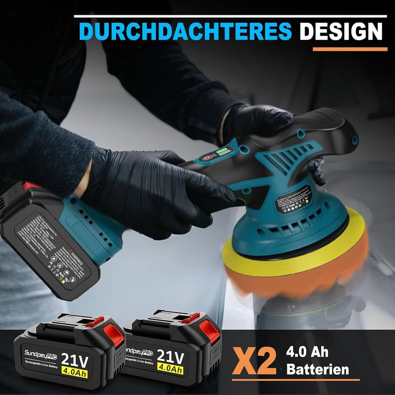 SundpeyPRO 21V akkus polír gép 8 fokozatú 6000 ford perc 2x4000 mAh autó fényezés polírozás viaszolás karceltávolítás kék-fekete