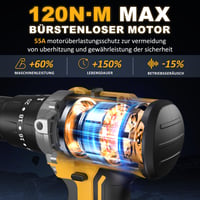 Akumulátorový príklepový vŕtací skrutkovač SundpeyPRO 21V, 120Nm, bezuhlíkový motor, 2x 4Ah batéria, 20+3 stupne krútiaceho momentu, 13mm skľučovadlo, 2 rýchlosti, 35-dielna súprava príslušenstva 2