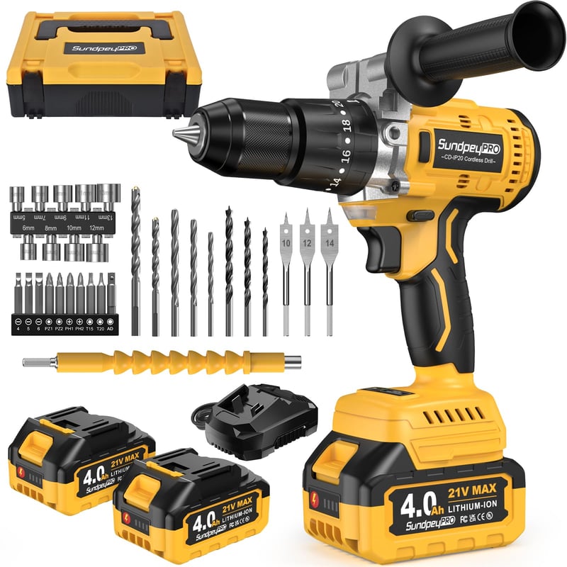 Akumulátorový príklepový vŕtací skrutkovač SundpeyPRO 21V, 120Nm, bezuhlíkový motor, 2x 4Ah batéria, 20+3 stupne krútiaceho momentu, 13mm skľučovadlo, 2 rýchlosti, 35-dielna súprava príslušenstva