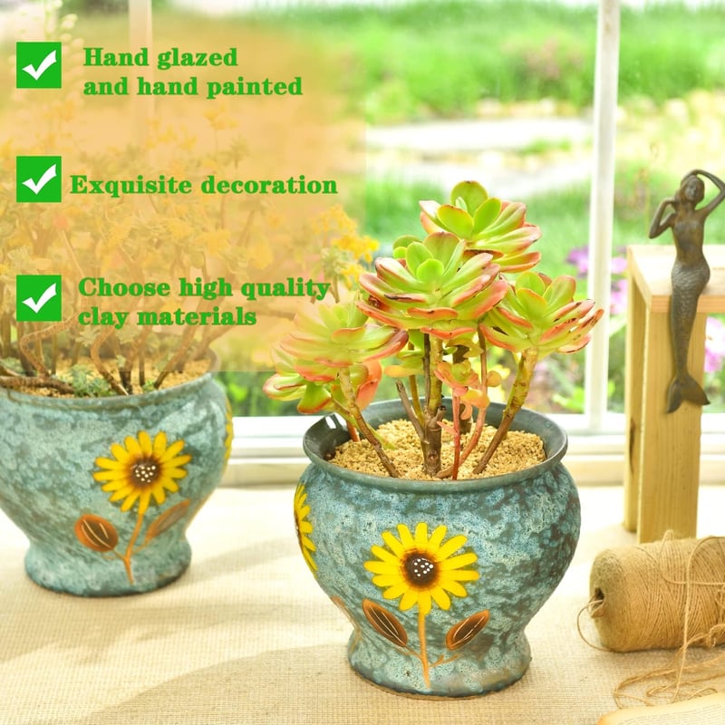 Sungmor Kézzel Festett Szukkulenta Cserép 23cm Kerámia Virágcserép Dekoratív Váza - Blue and Daisies (Diameter : 9" & H:8"