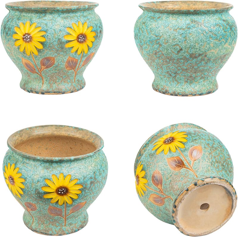 Sungmor Kézzel Festett Szukkulenta Cserép 23cm Kerámia Virágcserép Dekoratív Váza - Blue and Daisies (Diameter : 9" & H:8"