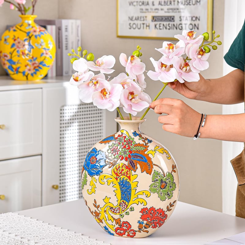 Sungmor Zománcozott Porcelán Váza Kézzel Faragott Kerámia Virágváza - Beige & Flower