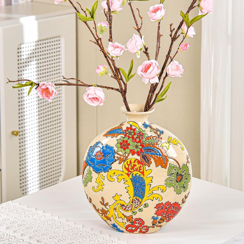 Sungmor Zománcozott Porcelán Váza Kézzel Faragott Kerámia Virágváza - Beige & Flower