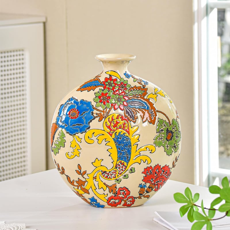 Sungmor Zománcozott Porcelán Váza Kézzel Faragott Kerámia Virágváza - Beige & Flower