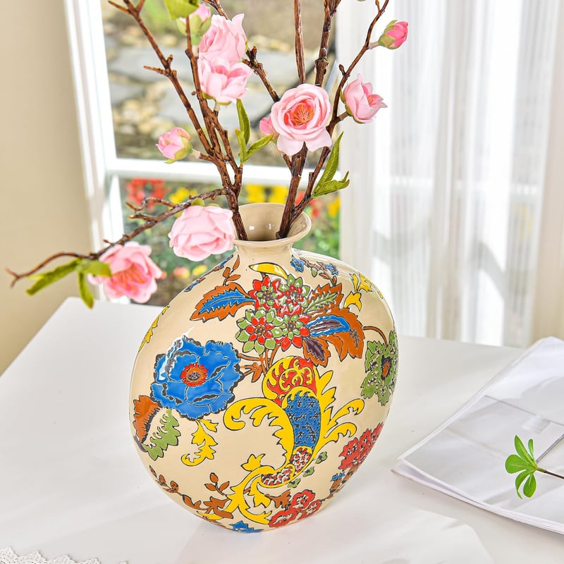 Sungmor Zománcozott Porcelán Váza Kézzel Faragott Kerámia Virágváza - Beige & Flower