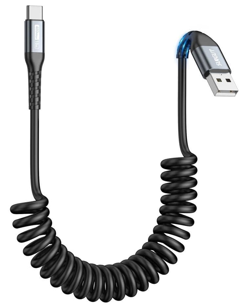SUNGUY Spirál USB-C Kábel 1,2M iPhone 17/16/15 Android Auto CarPlay Szürke