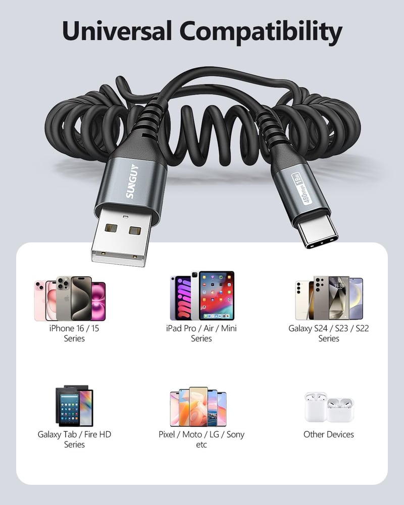 SUNGUY 2db 2m USB-C spirál kábel Android Auto CarPlay iPhone 16 Galaxy S24