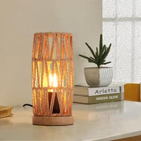 SUNLLOK Boho Éjjeli Lámpa Fa Talppal - Retro Rattan Asztali Lámpa Hálószobába, Vintage Bambusz Olvasólámpa Nappaliba, Gyerekszobába, Irodába 1