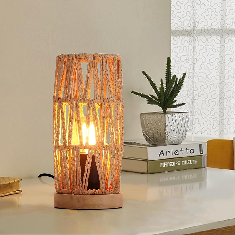 SUNLLOK Boho Éjjeli Lámpa Fa Talppal - Retro Rattan Asztali Lámpa Hálószobába, Vintage Bambusz Olvasólámpa Nappaliba, Gyerekszobába, Irodába