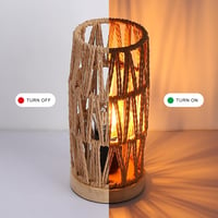 SUNLLOK Boho Éjjeli Lámpa Fa Talppal - Retro Rattan Asztali Lámpa Hálószobába, Vintage Bambusz Olvasólámpa Nappaliba, Gyerekszobába, Irodába 3