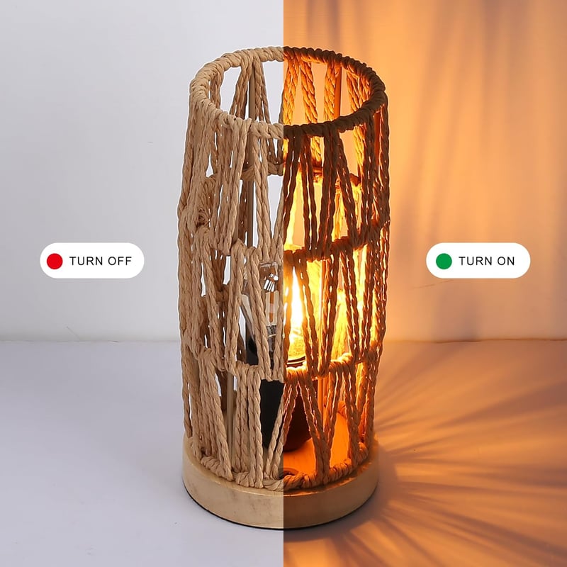 SUNLLOK Boho Éjjeli Lámpa Fa Talppal - Retro Rattan Asztali Lámpa Hálószobába, Vintage Bambusz Olvasólámpa Nappaliba, Gyerekszobába, Irodába