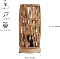 SUNLLOK Boho Éjjeli Lámpa Fa Talppal - Retro Rattan Asztali Lámpa Hálószobába, Vintage Bambusz Olvasólámpa Nappaliba, Gyerekszobába, Irodába 2