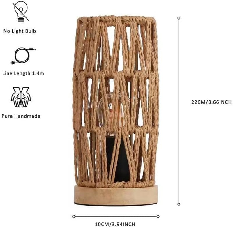 SUNLLOK Boho Éjjeli Lámpa Fa Talppal - Retro Rattan Asztali Lámpa Hálószobába, Vintage Bambusz Olvasólámpa Nappaliba, Gyerekszobába, Irodába