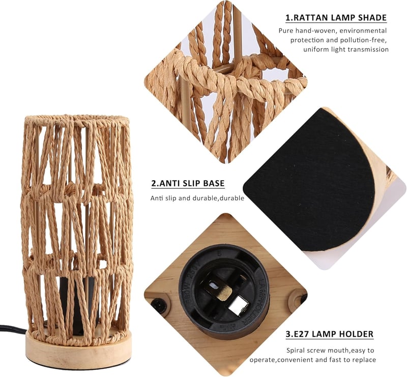 SUNLLOK Boho Éjjeli Lámpa Fa Talppal - Retro Rattan Asztali Lámpa Hálószobába, Vintage Bambusz Olvasólámpa Nappaliba, Gyerekszobába, Irodába