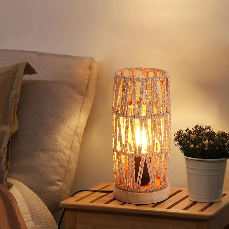 SUNLLOK Boho Éjjeli Lámpa Fa Talppal - Retro Rattan Asztali Lámpa Hálószobába, Vintage Bambusz Olvasólámpa Nappaliba, Gyerekszobába, Irodába