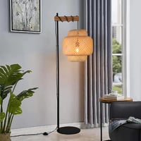SUNLLOK Boho Rattan Állólámpa - Bambusz Torta Lámpaernyő, Fa Talp, Lábkapcsoló, Fekete Fonott Dizájn, Nappali, Konyha, Hálószoba, Iroda 6