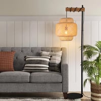 SUNLLOK Boho Rattan Állólámpa - Bambusz Torta Lámpaernyő, Fa Talp, Lábkapcsoló, Fekete Fonott Dizájn, Nappali, Konyha, Hálószoba, Iroda 7