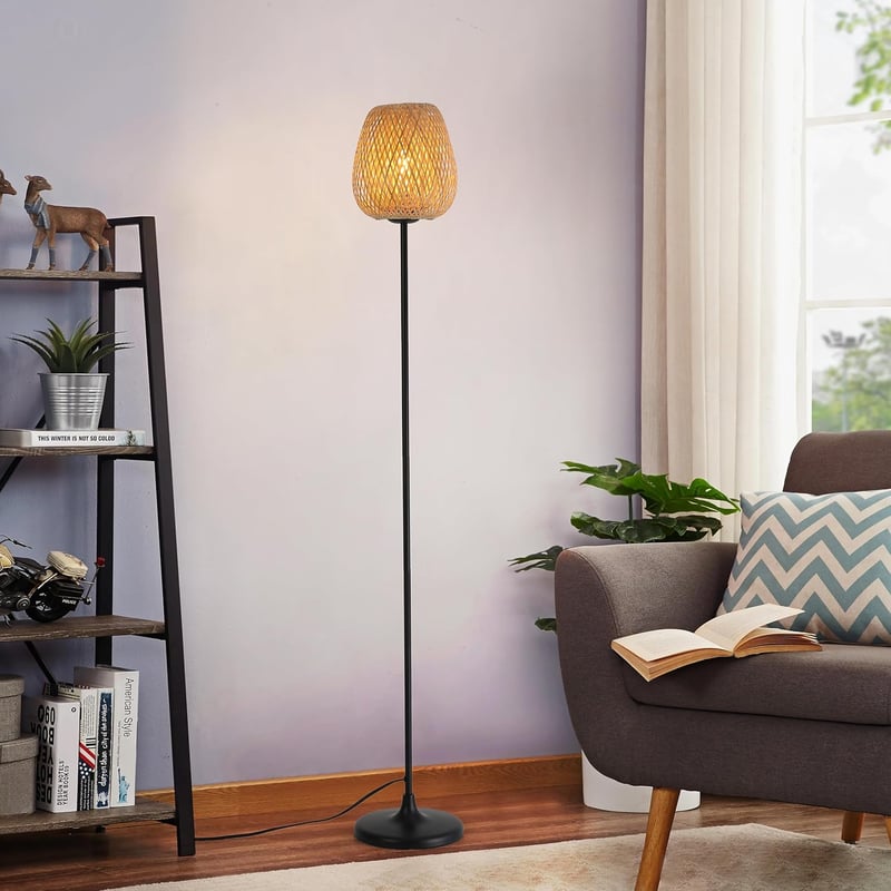 SUNLLOK Boho Rattan Állólámpa - Fekete Bambusz Fonott Lámpaernyővel, Lábkapcsolóval, 120 cm Magas, Nappali, Konyha, Hálószoba, Iroda