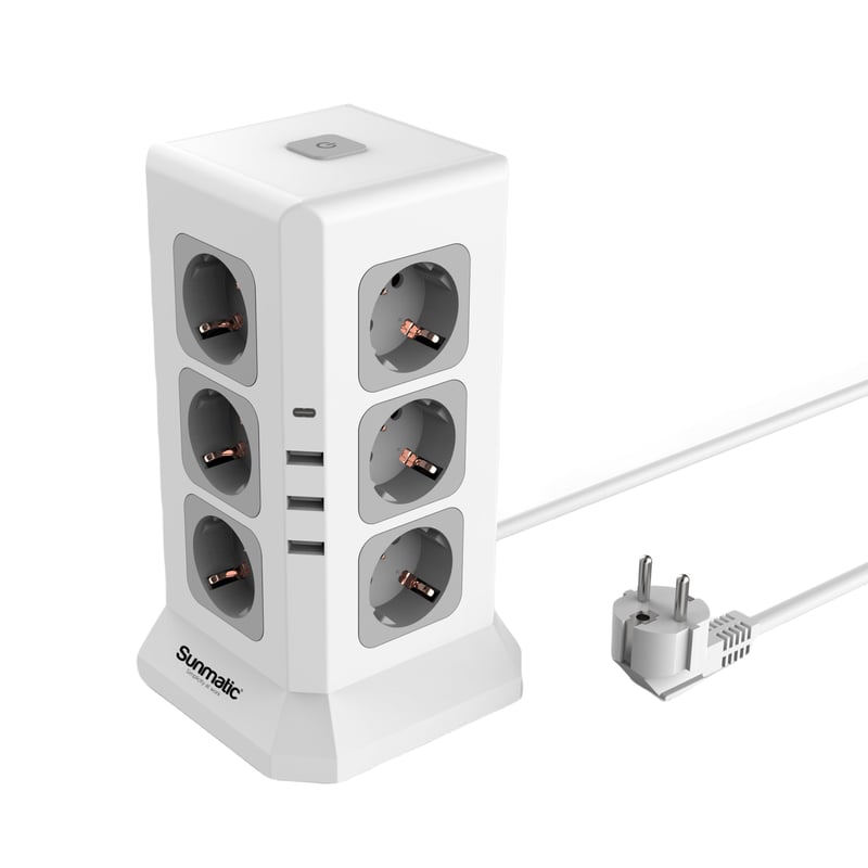 Sunmatic rozvodka s 12 zásuvkami EÚ, prepäťovou ochranou, 3x USB-A, 1x USB-C, vypínačom, 2m káblom, 3680 W, detskou poistkou, biela, na kancelárske a domáce použitie