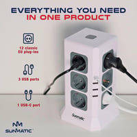 Sunmatic rozvodka s 12 zásuvkami EÚ, prepäťovou ochranou, 3x USB-A, 1x USB-C, vypínačom, 2m káblom, 3680 W, detskou poistkou, biela, na kancelárske a domáce použitie 6