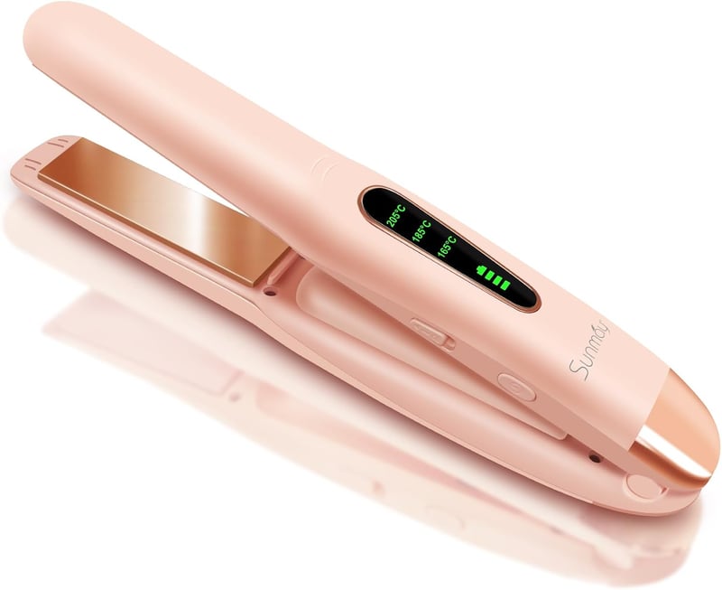 Mini placă de îndreptat și ondulator de păr 2 în 1 SUNMAY Voga, fără fir, cu acumulator, înveliș din titan, 5000 mAh, roz, 3 trepte de temperatură