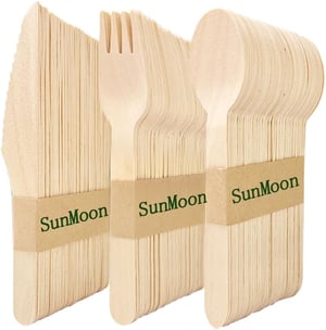 SunMoon set jednokratnog drvenog pribora za jelo - 150 komada (50 žlica, 50 vilica, 50 noževa)