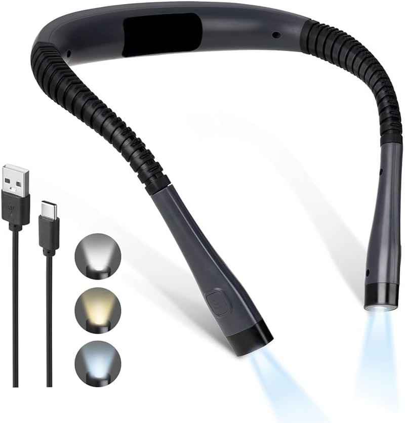 SUNNEST Nyakba akasztható olvasólámpa, 3 szín, 3 fényerő, USB töltős, hajlítható karok