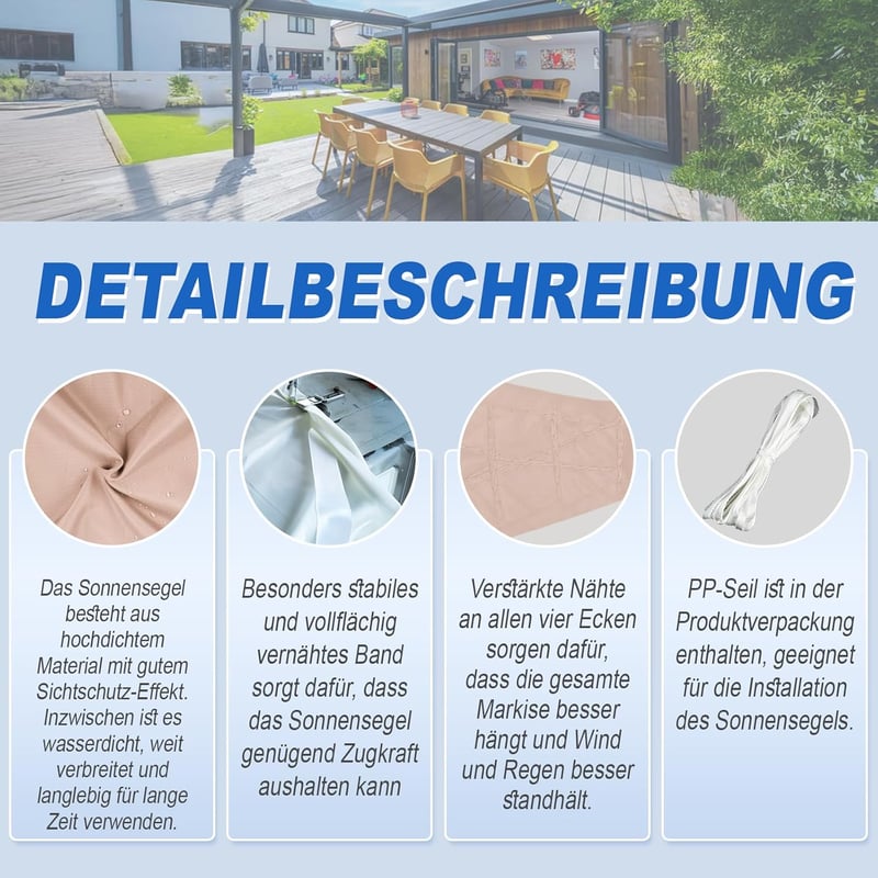 Sunnylaxx Téglalap Alakú Napvitorla 4x5m Vízálló Árnyékoló Ponyva Taupe Színű 95% UV Védelem Kertbe Teraszra