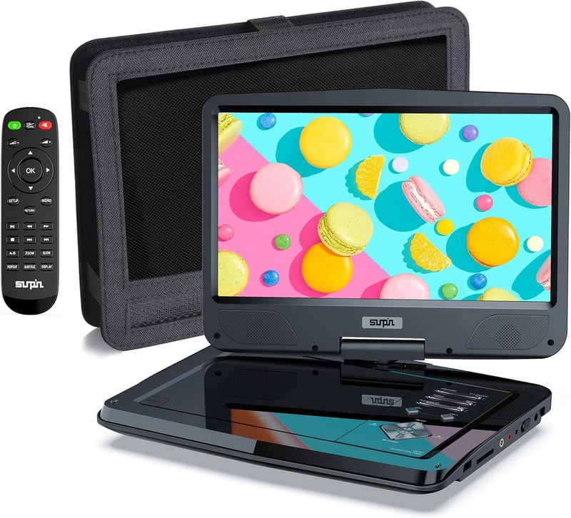 SUNPIN 12,5" Hordozható DVD Lejátszó HD Forgatható Kijelzővel, 6 Órás Akkumulátorral, TV/USB/SD Támogatással, Autós Fejtámlára Rögzíthető