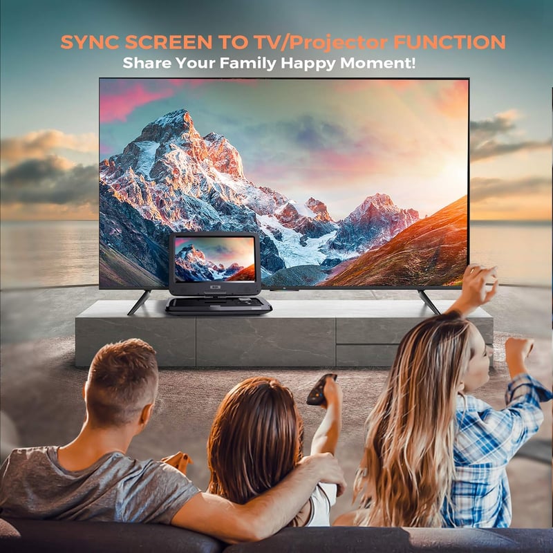 SUNPIN 12,5" Hordozható DVD Lejátszó HD Forgatható Kijelzővel, 6 Órás Akkumulátorral, TV/USB/SD Támogatással, Autós Fejtámlára Rögzíthető