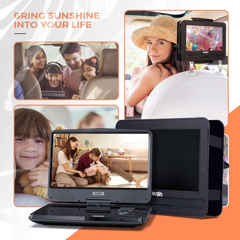 SUNPIN 12,5" Hordozható DVD Lejátszó HD Forgatható Kijelzővel, 6 Órás Akkumulátorral, TV/USB/SD Támogatással, Autós Fejtámlára Rögzíthető