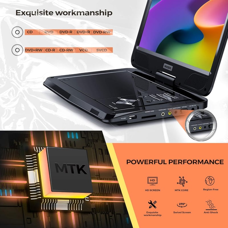 SUNPIN 12,5" Hordozható DVD Lejátszó HD Forgatható Kijelzővel, 6 Órás Akkumulátorral, TV/USB/SD Támogatással, Autós Fejtámlára Rögzíthető