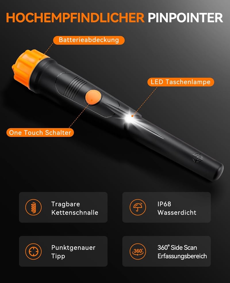 Sunpow IP68 Fémkereső Pinpointer - Teljesen Vízálló, 360°-os Keresés, 3 Üzemmód (Rezgés/Hang), Övtartóval, 9V Elemmel, 11cm Érzékelési Mélys