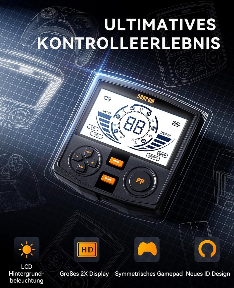 SUNPOW Professzionális Fémkereső 5 Módú DSP Chipkel, Vízálló 30cm Tekercs, 2 LCD Kijelző