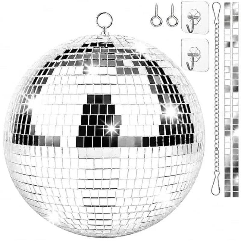 Sunshine Smile Zrkadlová disko guľa 25 cm, závesná, so samolepiacimi minizrkadielkami a háčikom, dekorácia s DJ svetelným efektom na párty
