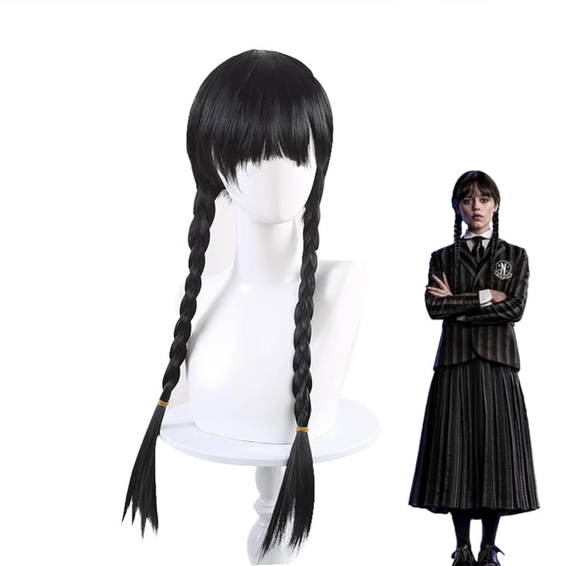Perucă împletită neagră Wednesday Addams Sunshine Smile, pentru costum cosplay femei