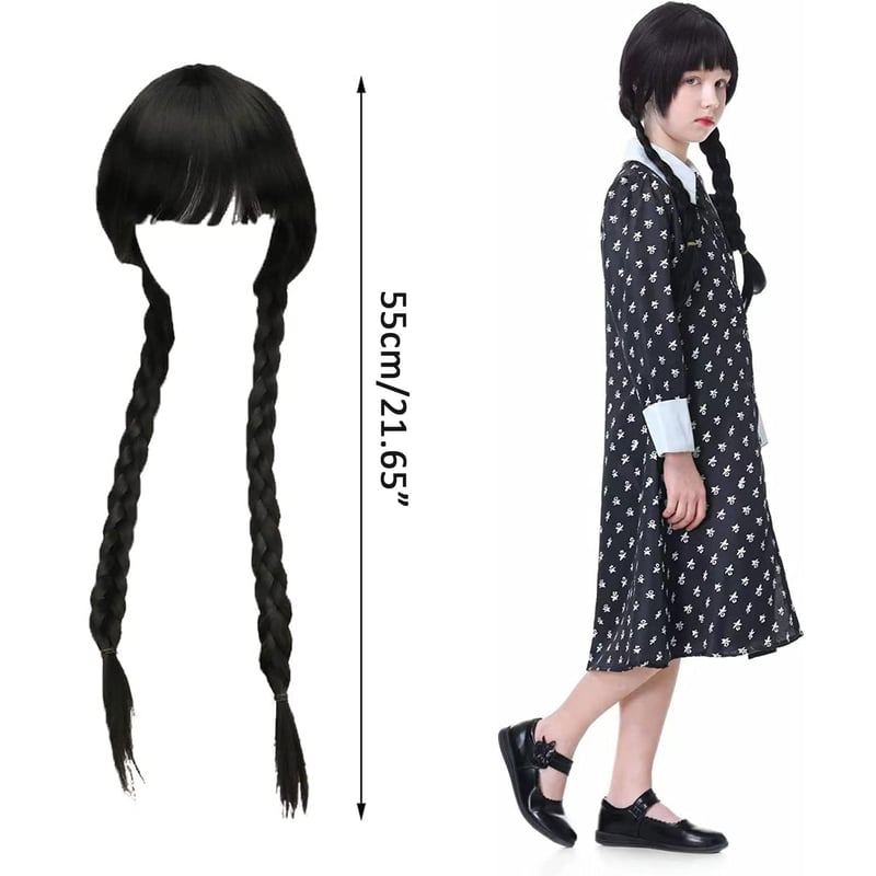 Perucă împletită neagră Wednesday Addams Sunshine Smile, pentru costum cosplay femei