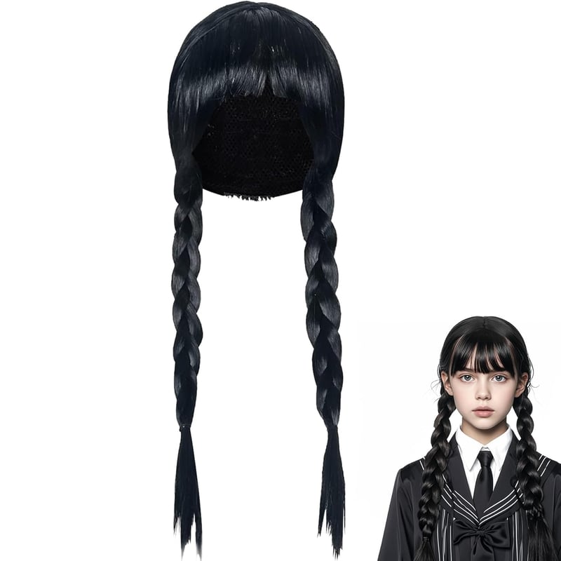 Perucă împletită neagră Wednesday Addams Sunshine Smile, pentru costum cosplay femei