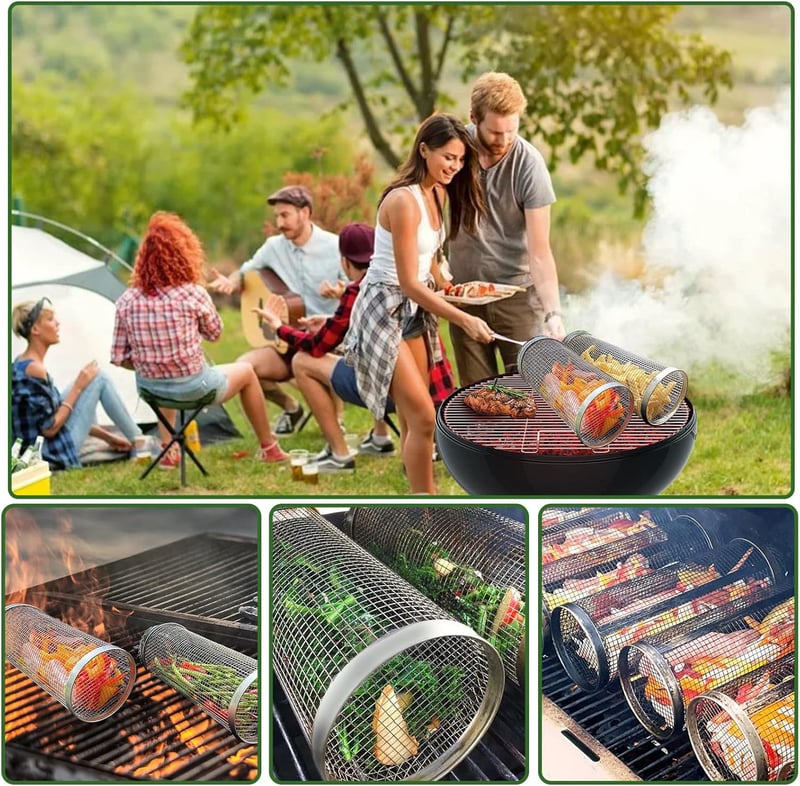 Sunsiou Grillkosár Szett - 2 db Rozsdamentes Acél Forgó Grillkosár Villával - BBQ Kiegészítő Zöldségekhez, Húsokhoz - Kempingezéshez, Piknik
